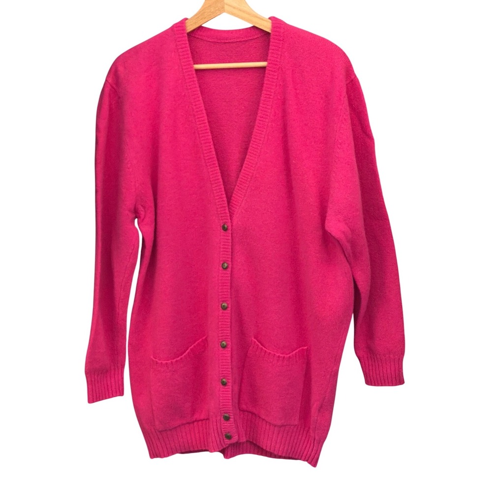Vintage BHS Lambswool Cardigan Sweater Barbiecore Grandmacore Preppy Hot Pink